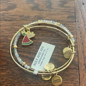 Alex and Ani Gold-Tone Bangle Set with Red and Green Angel Charm
